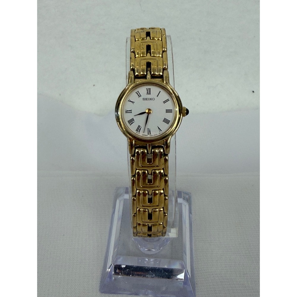 Seiko Womens Gold Tone Dress Watch White Roman Numeral Dial 1N00-0DN0 Sapphire